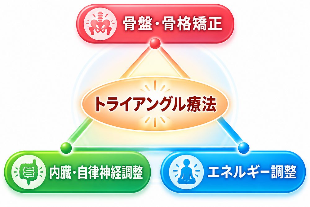 骨盤・骨格矯正、内臓・自律神経調整、エネルギー調整を組み合わせたトライアングル療法の図